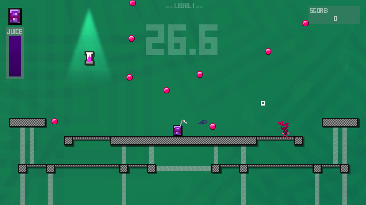Screenshot of early gameplay, showing a grape juicebox evading multiple pink bullets
