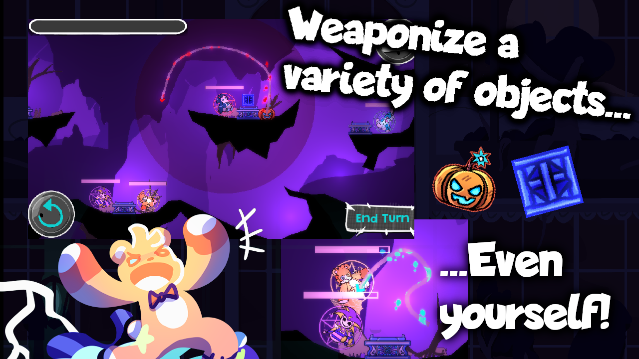 Screenshot showing some of the game' items. Reads 'Weaponize a variety of objects, even yourself!'