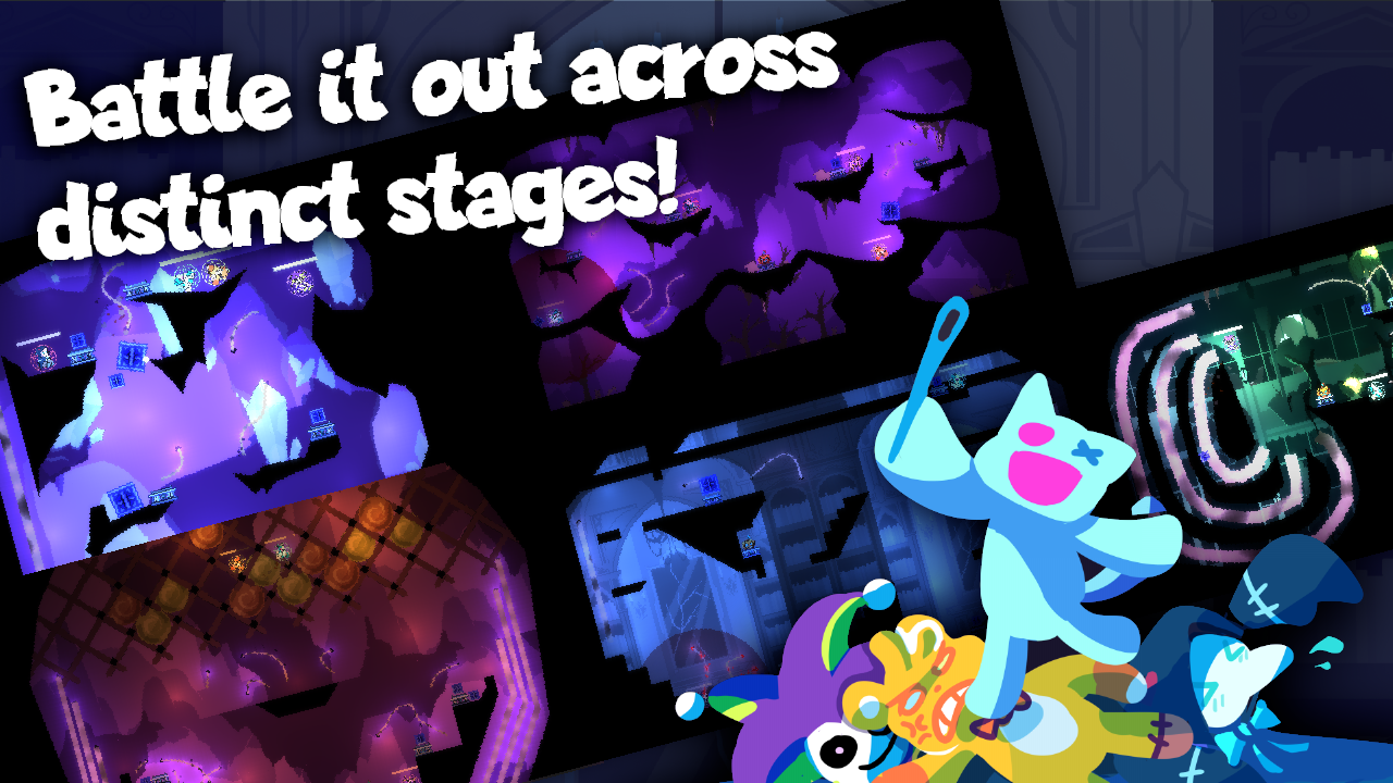 Screenshot of the various stages present in the game. Reads 'Battle it out across distinct stages!'